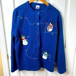 Premier Royal Blue Snowman & Lites Button Up Holiday Sweater Ladies Lg Cardigan